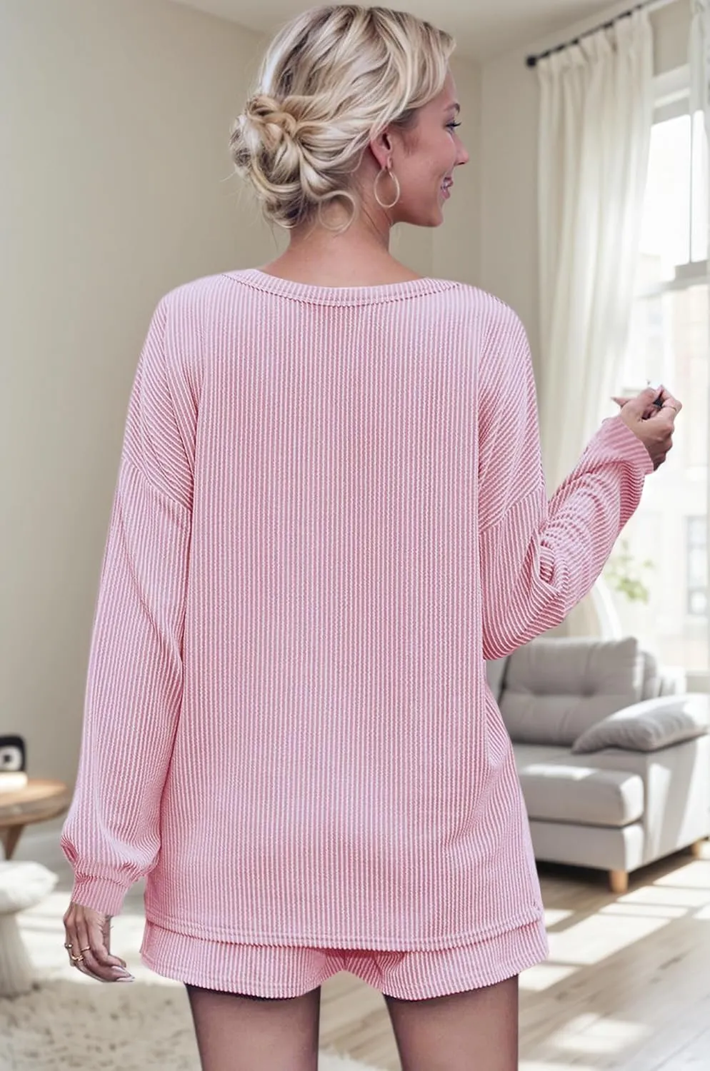 Womens Ribbed Pajama Sets Long Sleeve Top and Shorts Matching Lounge Set Loungewear Sweatsuit with Pockets