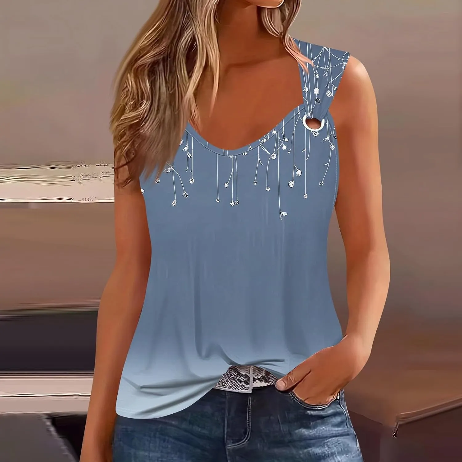 Women's Sleeveless Gradient Tank Top with Floral Embellishments,Casual Summer Blouse for Beach and Daily Wear