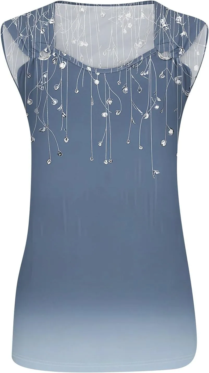 Women's Sleeveless Gradient Tank Top with Floral Embellishments,Casual Summer Blouse for Beach and Daily Wear