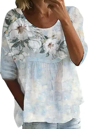 Women's Summer Boho Floral 3/4 Sleeve Tunic Top Flowy Casual Loose Cute Plus Size Pleated Blouse Shirts
