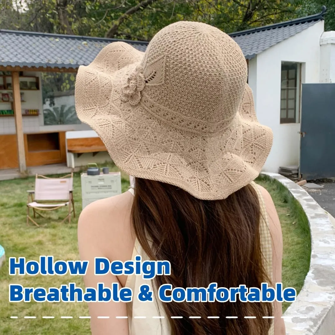 Women's Summer Sun Hat with Floral Design-Wide Brim UV Protection Foldable Beach Hat for Outdoor,Pool,Travel