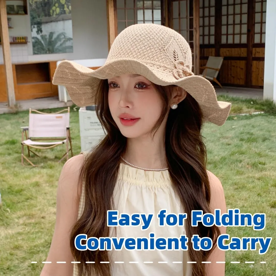 Women's Summer Sun Hat with Floral Design-Wide Brim UV Protection Foldable Beach Hat for Outdoor,Pool,Travel