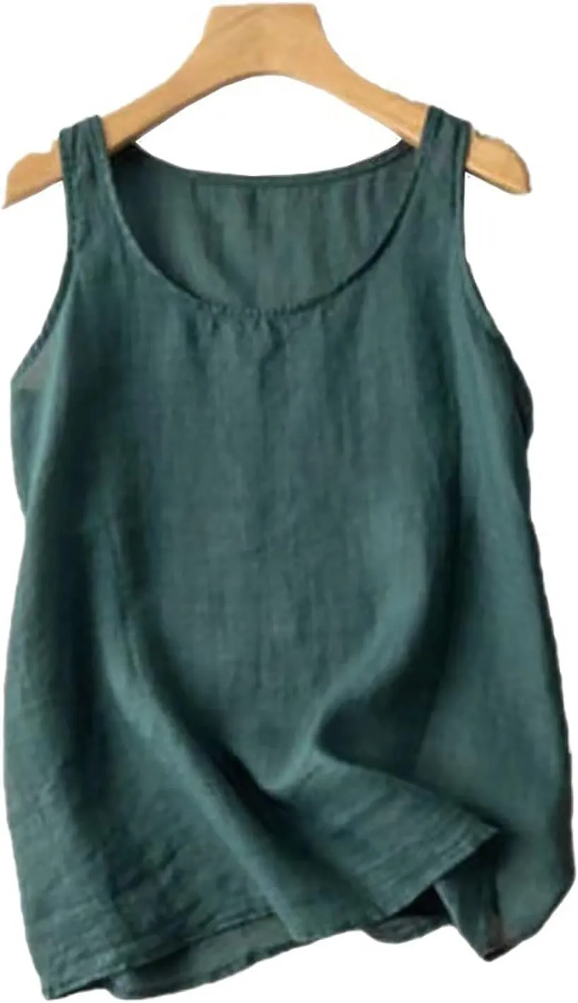 Womens Summer Tops Linen Solid Tank Spaghetti Strap Sleeveless Vest Loose Fit Comfy Tank Tee Shirts 2024 Casual Basic