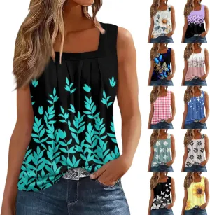 Womens Summer Tops Plus Size Sleeveless Causal Printed Square Neck Comfort Pleated Tank Tops for Women