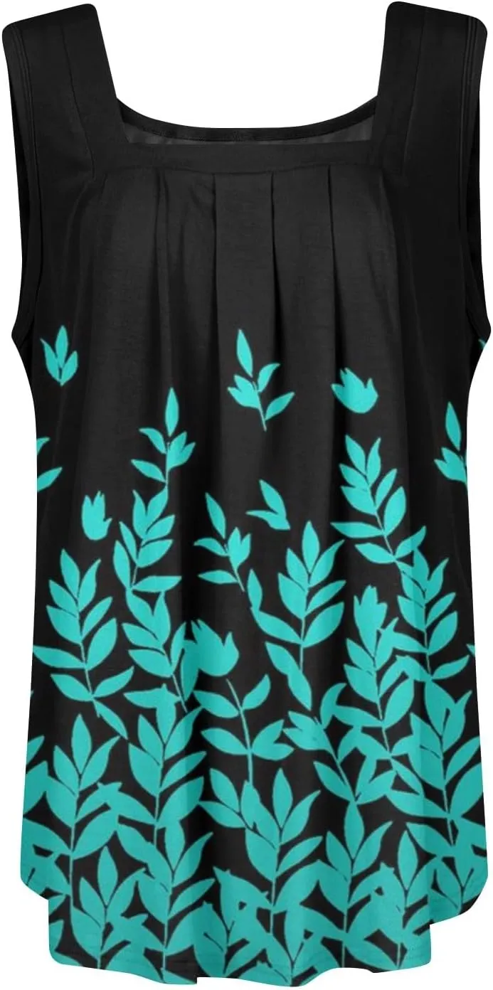 Womens Summer Tops Plus Size Sleeveless Causal Printed Square Neck Comfort Pleated Tank Tops for Women