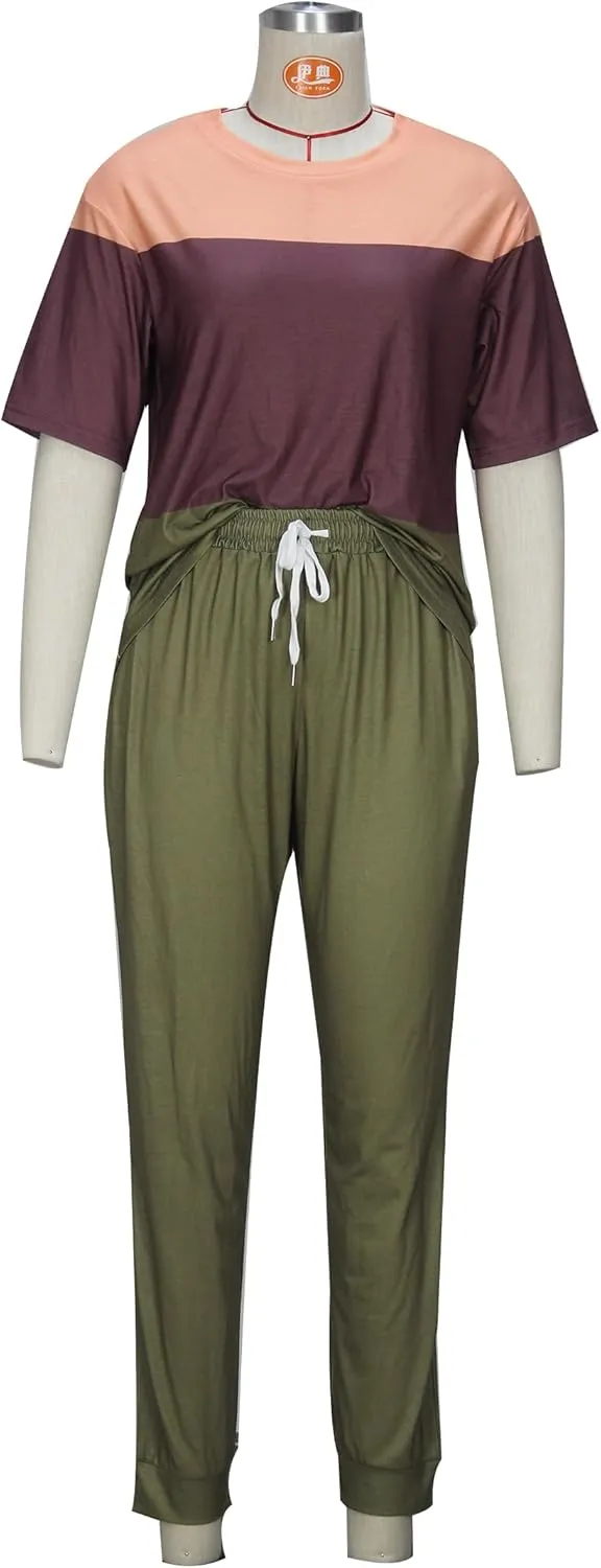 Women's Sweatsuit Set Casual 2 Piece Outfit Color Block Pajamas Set Sleeve Top Sweatpant Set Jogger Tracksuits