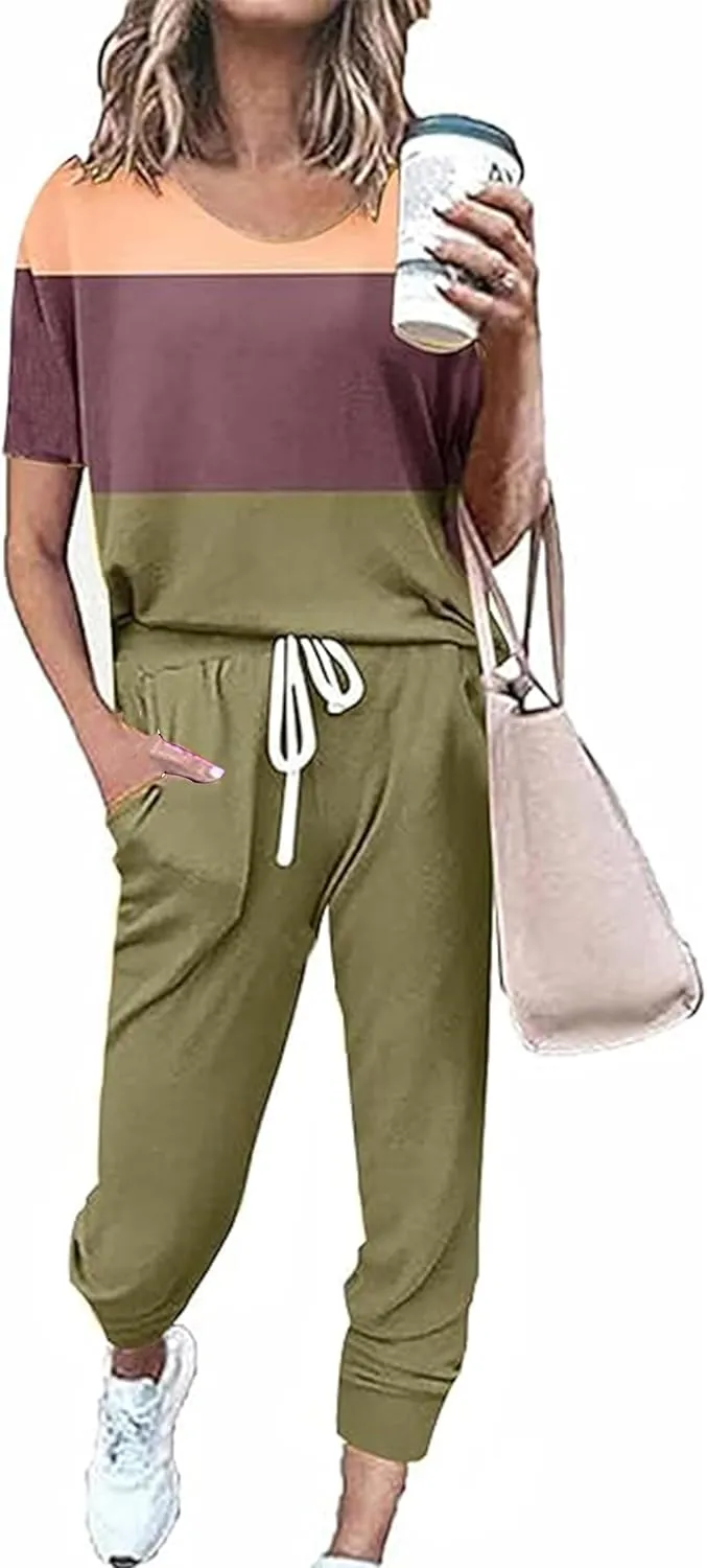 Women's Sweatsuit Set Casual 2 Piece Outfit Color Block Pajamas Set Sleeve Top Sweatpant Set Jogger Tracksuits