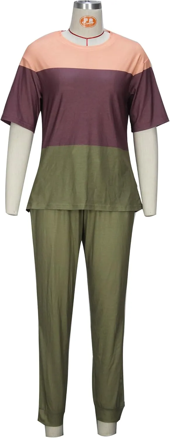 Women's Sweatsuit Set Casual 2 Piece Outfit Color Block Pajamas Set Sleeve Top Sweatpant Set Jogger Tracksuits