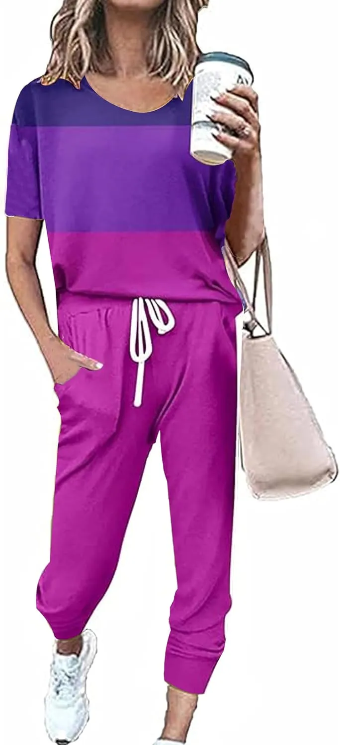Women's Sweatsuit Set Casual 2 Piece Outfit Color Block Pajamas Set Sleeve Top Sweatpant Set Jogger Tracksuits