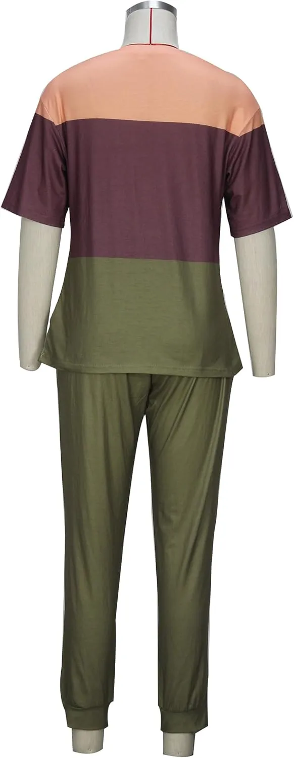 Women's Sweatsuit Set Casual 2 Piece Outfit Color Block Pajamas Set Sleeve Top Sweatpant Set Jogger Tracksuits