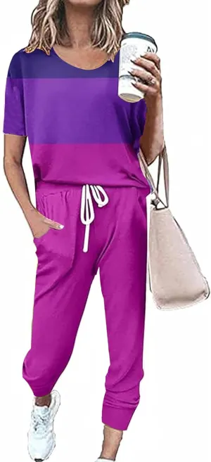 Women's Sweatsuit Set Casual 2 Piece Outfit Color Block Pajamas Set Sleeve Top Sweatpant Set Jogger Tracksuits