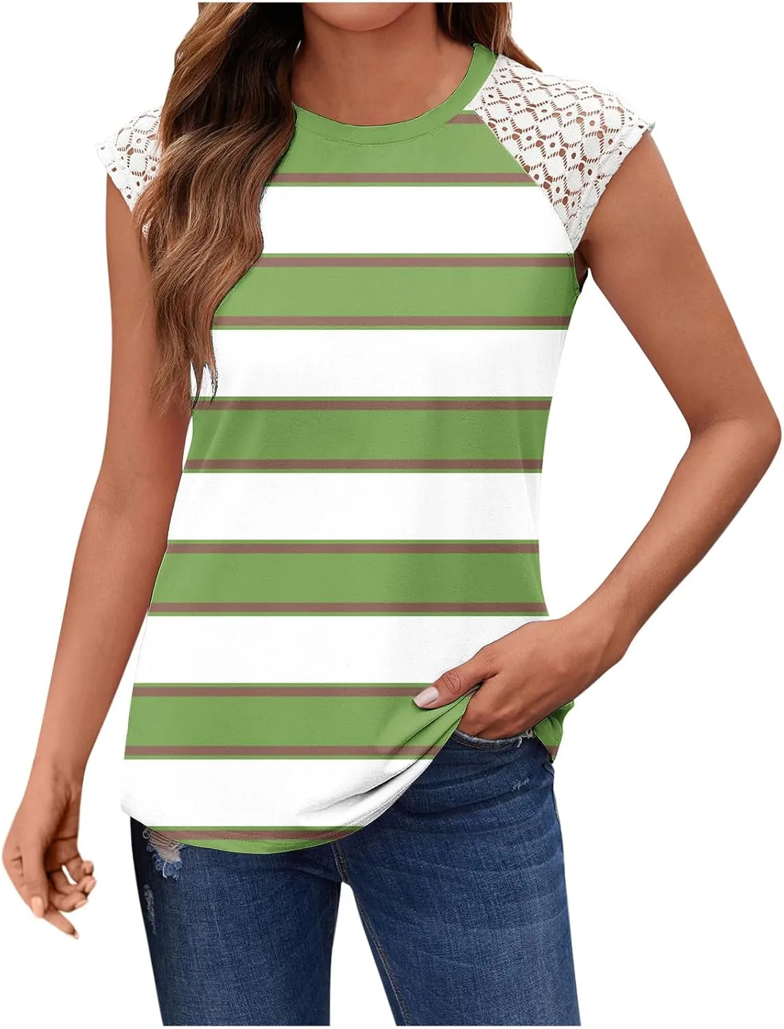 Womens Tank Tops Casual V Neck Striped Print Lace Sleeveless Camisole Casual Fashion Slim Fit Summer Tunics Top 2025