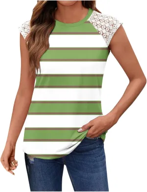 Womens Tank Tops Casual V Neck Striped Print Lace Sleeveless Camisole Casual Fashion Slim Fit Summer Tunics Top 2025