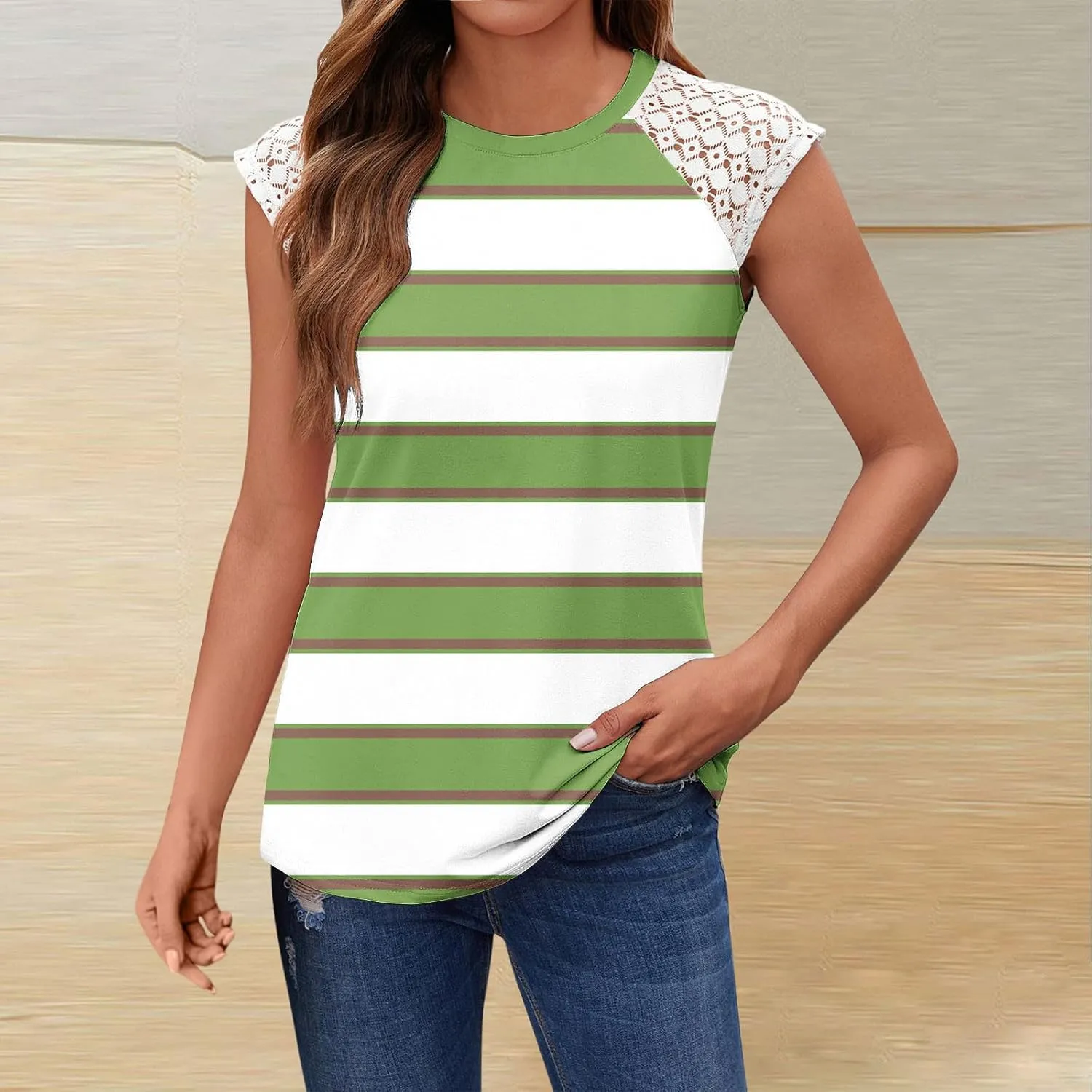 Womens Tank Tops Casual V Neck Striped Print Lace Sleeveless Camisole Casual Fashion Slim Fit Summer Tunics Top 2025