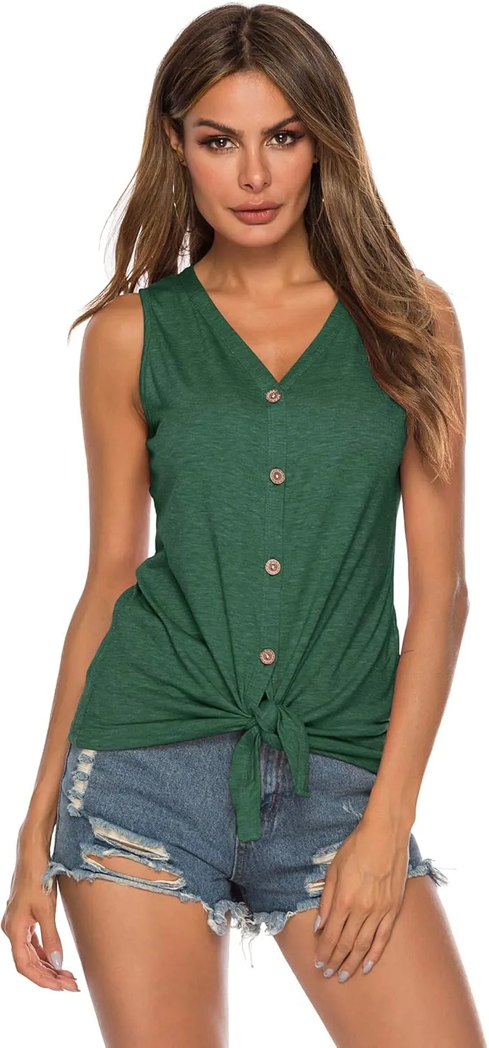 Women's Tie Knot Button Down Shirts Sleeveless Casual Blouse Curved Hemline Tops S-XXL
