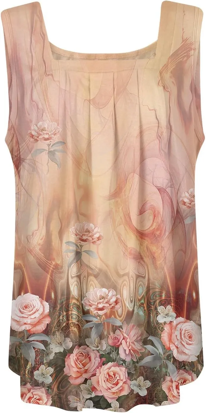 Womens Tops 2025 Ruffled Square Collar Tank Plus Size Floral Print Tank Tee Summer Casual Loose Sleeveless Shirt