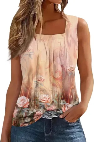 Womens Tops 2025 Ruffled Square Collar Tank Plus Size Floral Print Tank Tee Summer Casual Loose Sleeveless Shirt
