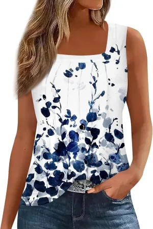 Womens Tops 2025 Square Neck Sleeveless Casual Tunic Tees Trendy Floral Print Loose Soft Comfy Summer Shirts