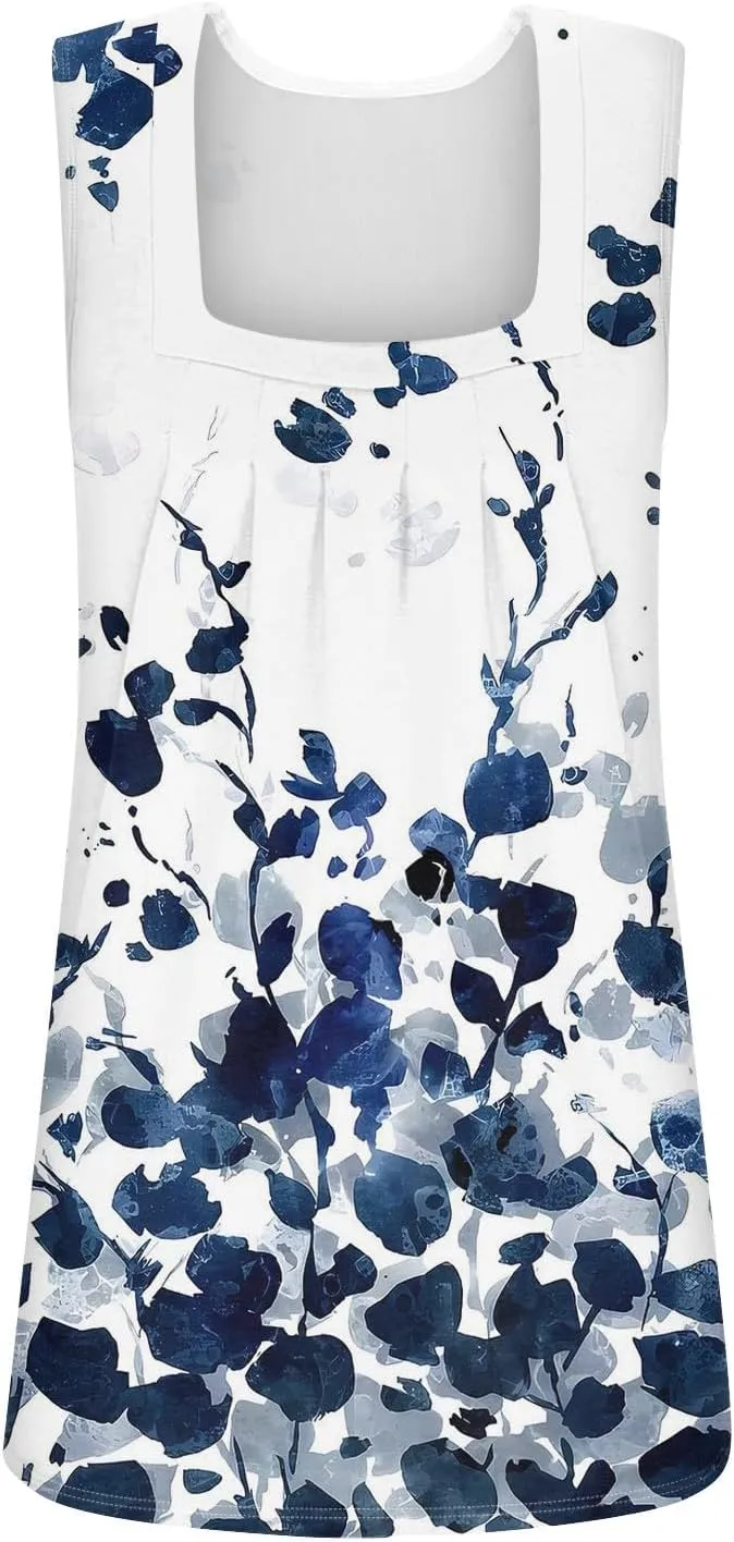 Womens Tops 2025 Square Neck Sleeveless Casual Tunic Tees Trendy Floral Print Loose Soft Comfy Summer Shirts