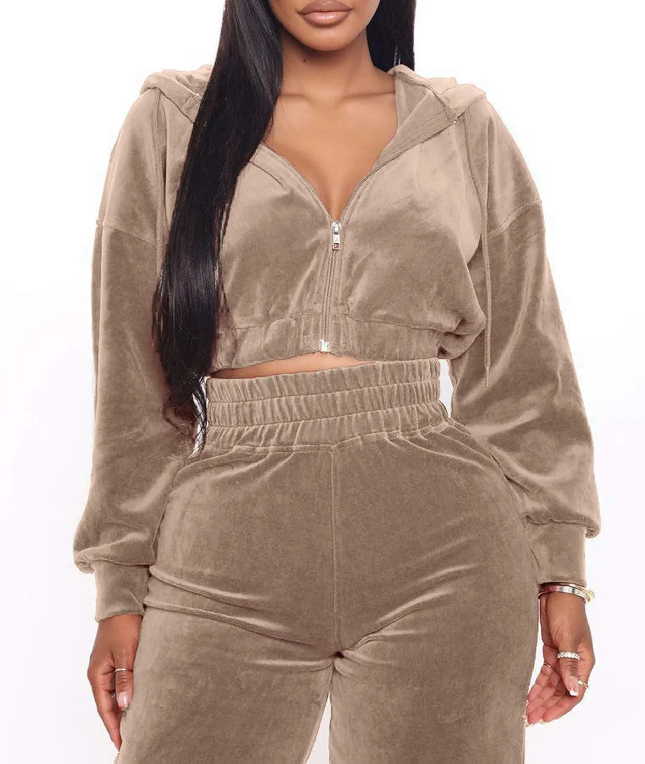 Women's Velour Sweatsuits Two Piece - Sexy Zipper Crop Hoodie Jackets Coat   Long Straight-Leg Pants Jogger Outfits Tracksuit