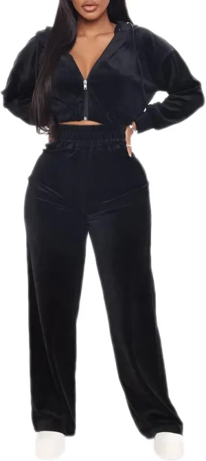 Women's Velour Sweatsuits Two Piece - Sexy Zipper Crop Hoodie Jackets Coat   Long Straight-Leg Pants Jogger Outfits Tracksuit