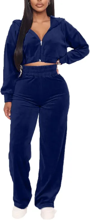 Women's Velour Sweatsuits Two Piece - Sexy Zipper Crop Hoodie Jackets Coat   Long Straight-Leg Pants Jogger Outfits Tracksuit