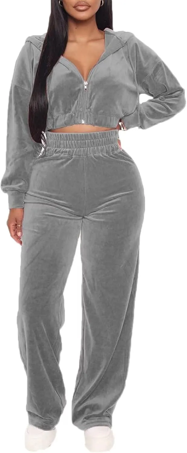 Women's Velour Sweatsuits Two Piece - Sexy Zipper Crop Hoodie Jackets Coat   Long Straight-Leg Pants Jogger Outfits Tracksuit