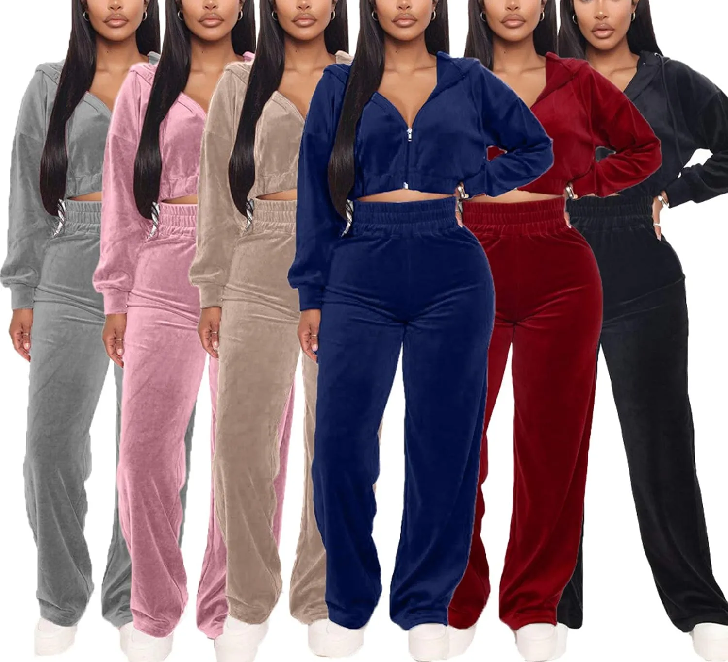 Women's Velour Sweatsuits Two Piece - Sexy Zipper Crop Hoodie Jackets Coat   Long Straight-Leg Pants Jogger Outfits Tracksuit