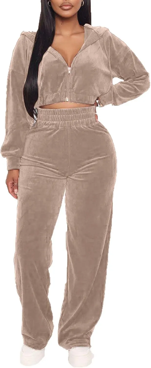 Women's Velour Sweatsuits Two Piece - Sexy Zipper Crop Hoodie Jackets Coat   Long Straight-Leg Pants Jogger Outfits Tracksuit