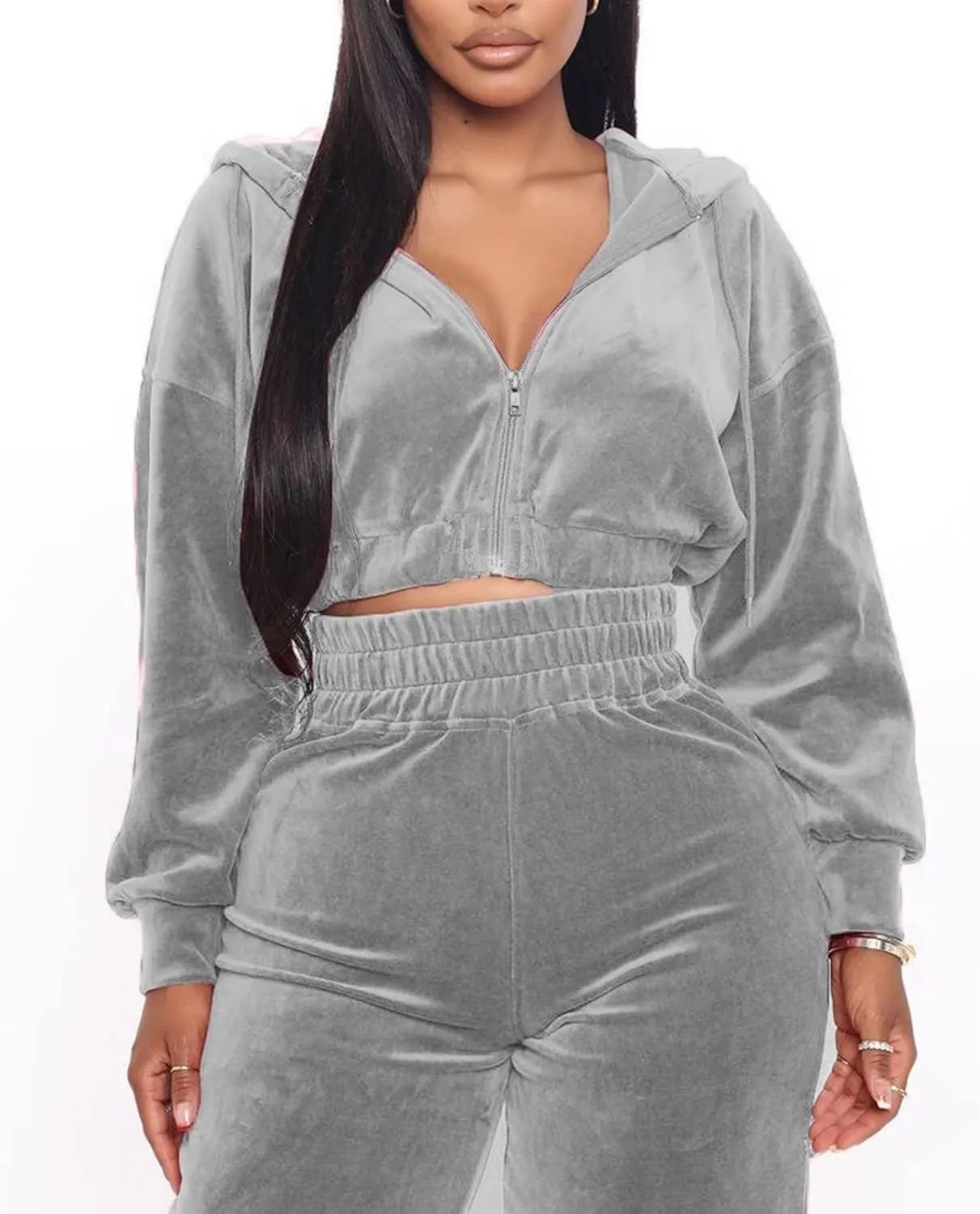 Women's Velour Sweatsuits Two Piece - Sexy Zipper Crop Hoodie Jackets Coat   Long Straight-Leg Pants Jogger Outfits Tracksuit