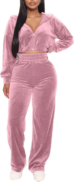 Women's Velour Sweatsuits Two Piece - Sexy Zipper Crop Hoodie Jackets Coat   Long Straight-Leg Pants Jogger Outfits Tracksuit