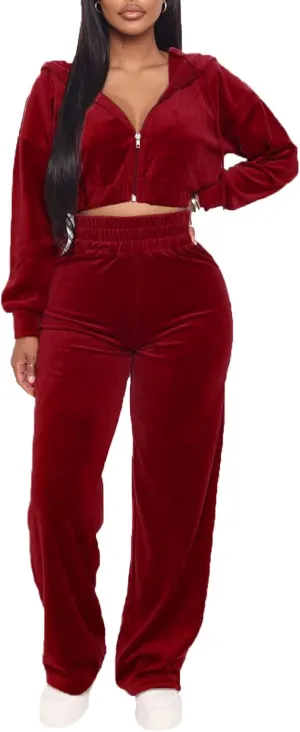 Women's Velour Sweatsuits Two Piece - Sexy Zipper Crop Hoodie Jackets Coat   Long Straight-Leg Pants Jogger Outfits Tracksuit