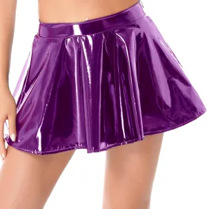 Women's Wet Look Flared Pleated Mini Skater Skirts A-line Miniskirts Clubwear Rave Outfits