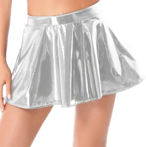 Women's Wet Look Flared Pleated Mini Skater Skirts A-line Miniskirts Clubwear Rave Outfits