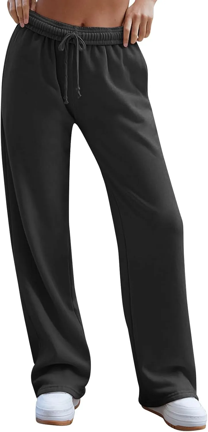 Women's Wide Leg Sweatpants Trendy Interior Drawstring Baggy Sweatpants Y2K Straight Leg Sweatpants with Pockets