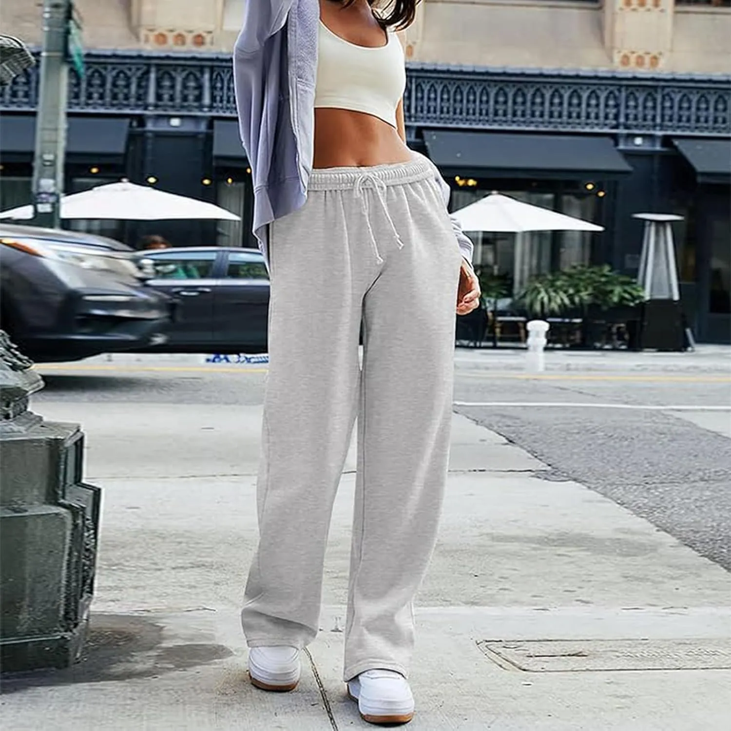 Women's Wide Leg Sweatpants Trendy Interior Drawstring Baggy Sweatpants Y2K Straight Leg Sweatpants with Pockets