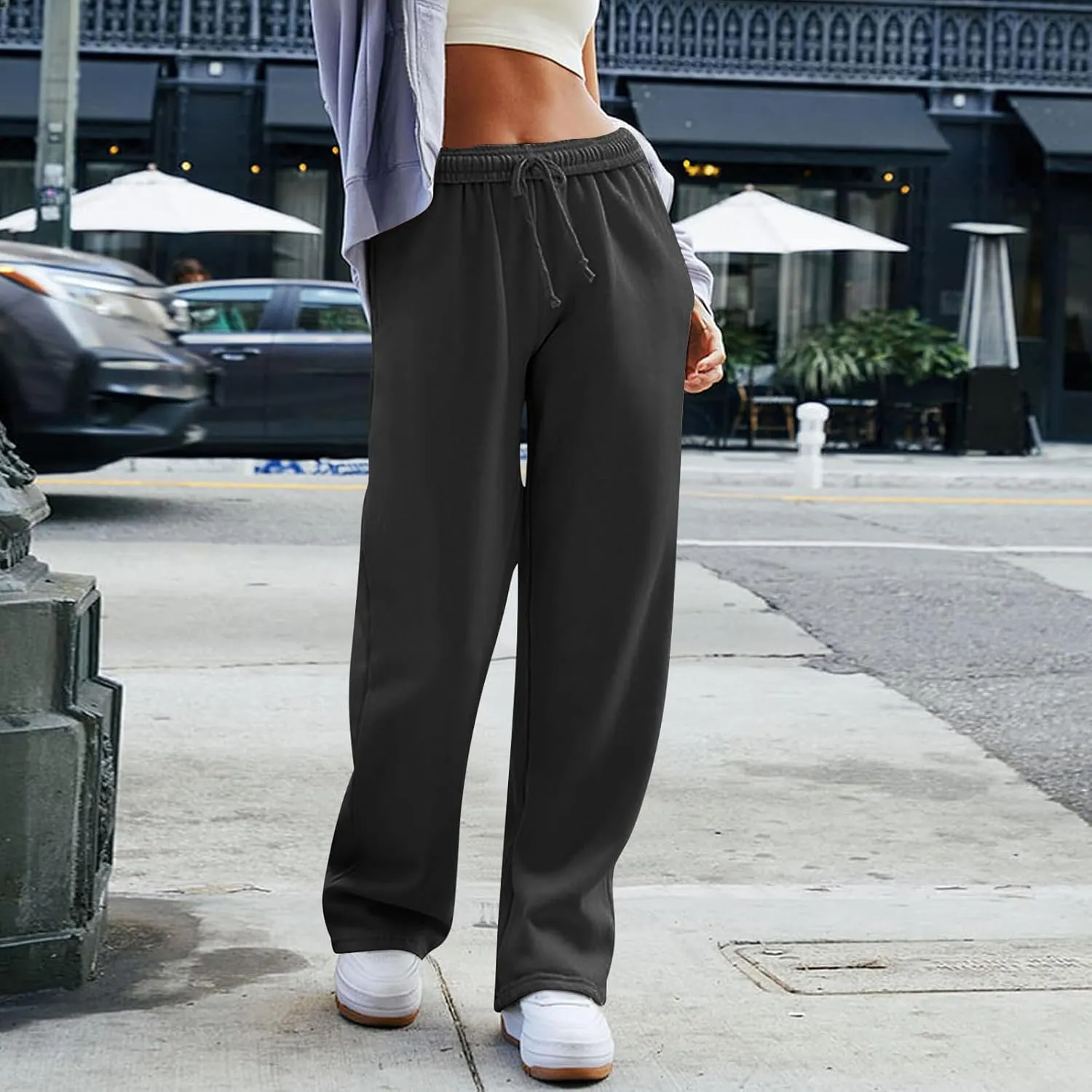 Women's Wide Leg Sweatpants Trendy Interior Drawstring Baggy Sweatpants Y2K Straight Leg Sweatpants with Pockets