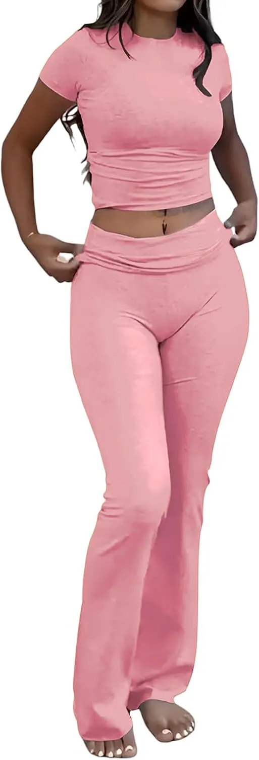 Workout Sets for Women 2 Piece Short Sleeve Crew Neck Crop Tops High Waisted Flared Yoga Pants Summer Outfits