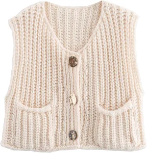 Wyeysyt Sweater Vest Women Sleeveless Crop Knit Cardigan Casual Button Down Cropped Knitted Sweater Vest with Pockets