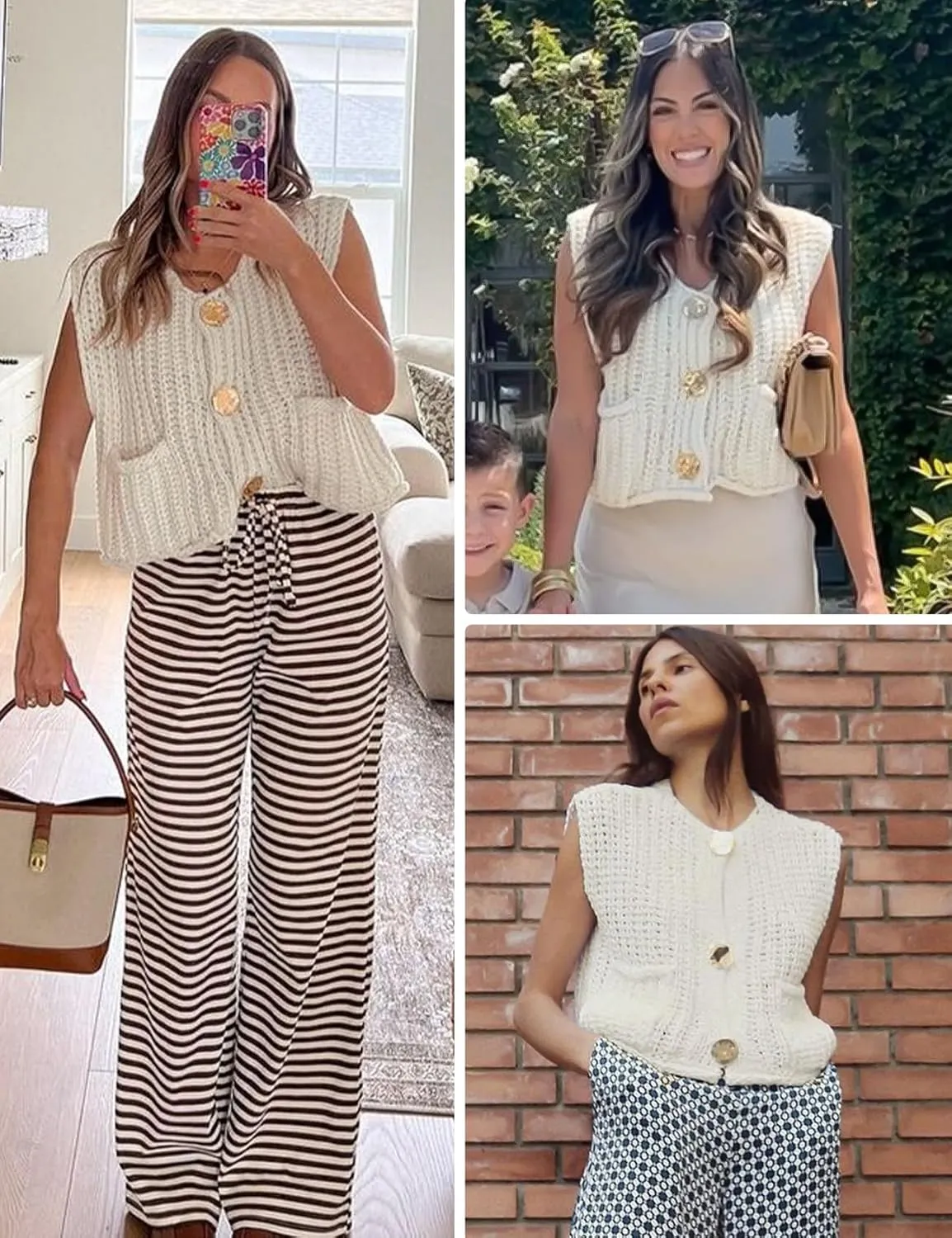 Wyeysyt Sweater Vest Women Sleeveless Crop Knit Cardigan Casual Button Down Cropped Knitted Sweater Vest with Pockets