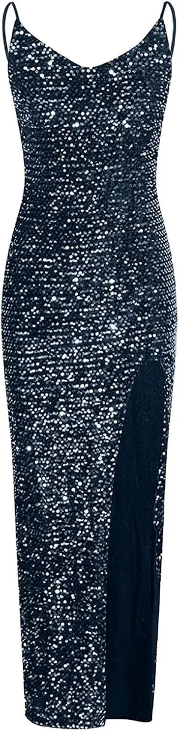 XUNRYAN Women Spaghetti Strap Sequin Dress Sexy Bodycon Camis Maxi Dresses High Slit Cocktail Evening Ball Gown Outfits