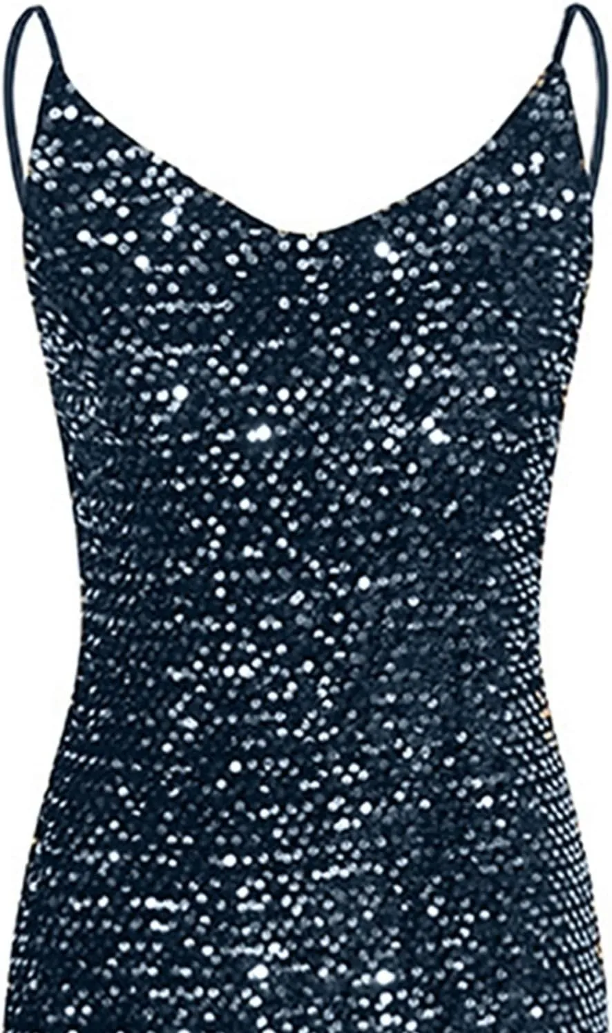 XUNRYAN Women Spaghetti Strap Sequin Dress Sexy Bodycon Camis Maxi Dresses High Slit Cocktail Evening Ball Gown Outfits