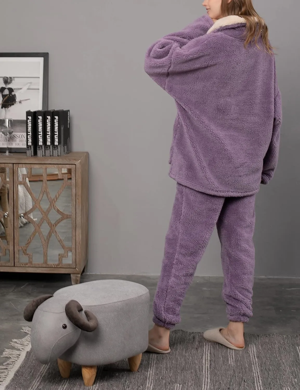 Yeokou Women's Fleece Pajamas Sets Fluffy Sleepwear Warm Sherpa Pullover Pants with Pockets