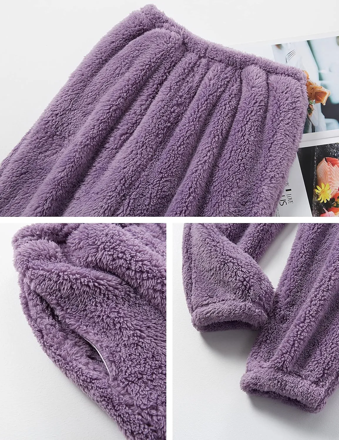 Yeokou Women's Fleece Pajamas Sets Fluffy Sleepwear Warm Sherpa Pullover Pants with Pockets
