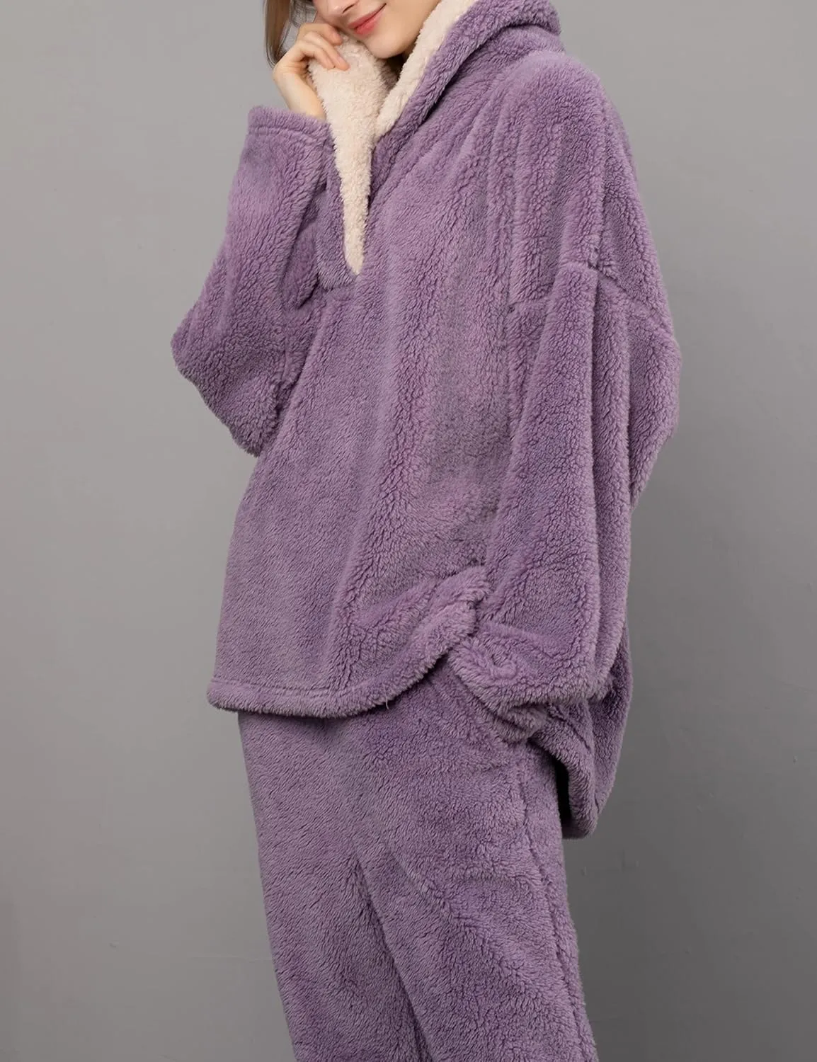 Yeokou Women's Fleece Pajamas Sets Fluffy Sleepwear Warm Sherpa Pullover Pants with Pockets
