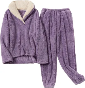 Yeokou Women's Fleece Pajamas Sets Fluffy Sleepwear Warm Sherpa Pullover Pants with Pockets