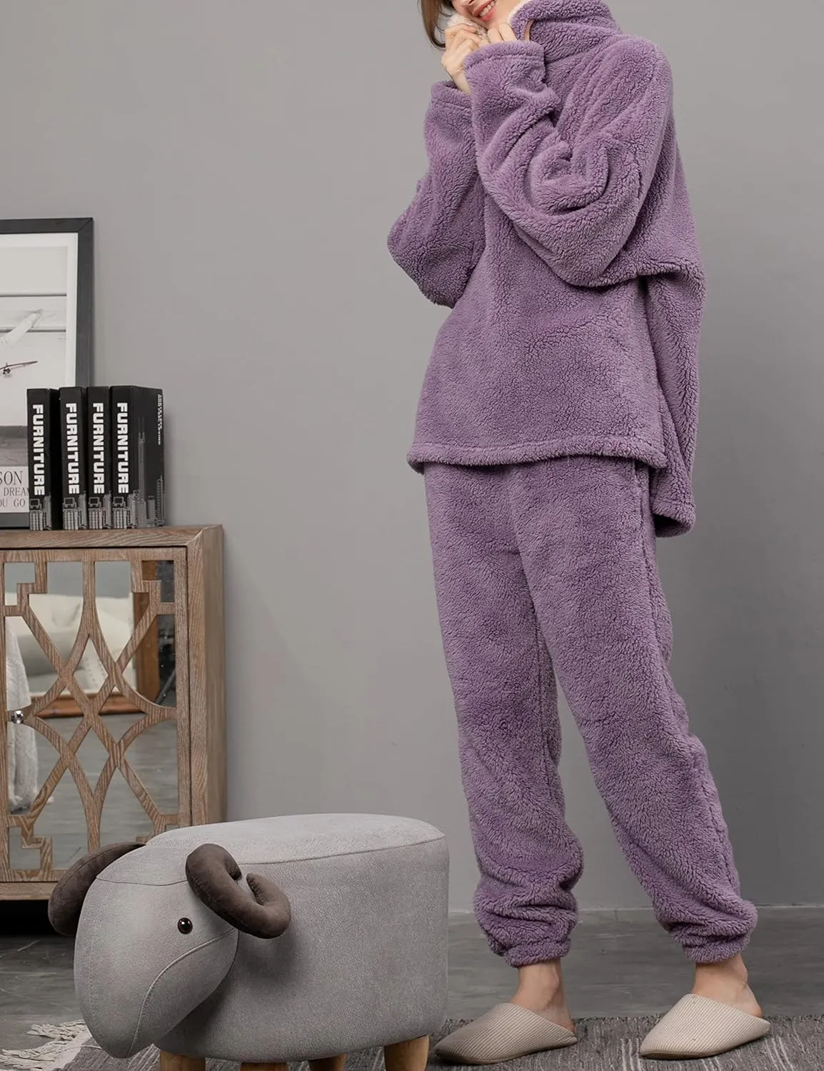 Yeokou Women's Fleece Pajamas Sets Fluffy Sleepwear Warm Sherpa Pullover Pants with Pockets