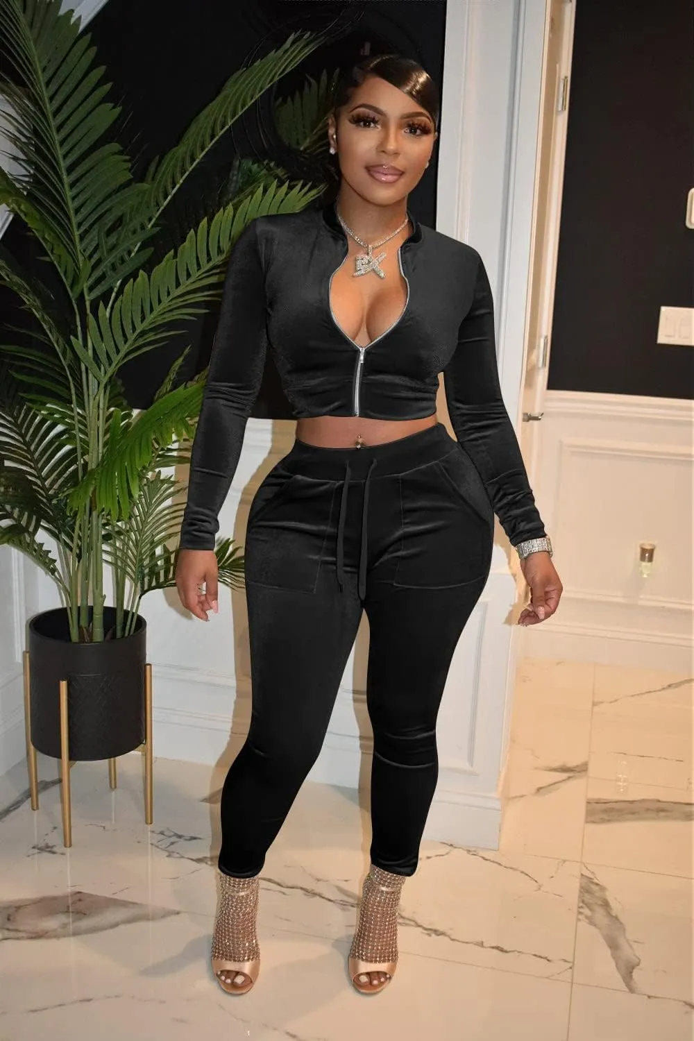 yidengymx Womens 2 Piece Velour Tracksuit Bodycon Zipper-Up Outfits for Women, Long Sleeve Crop Top Pants Jogging Sportswear