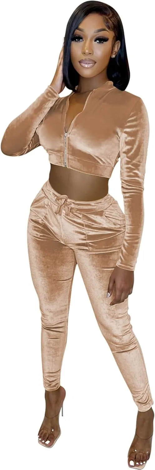 yidengymx Womens 2 Piece Velour Tracksuit Bodycon Zipper-Up Outfits for Women, Long Sleeve Crop Top Pants Jogging Sportswear