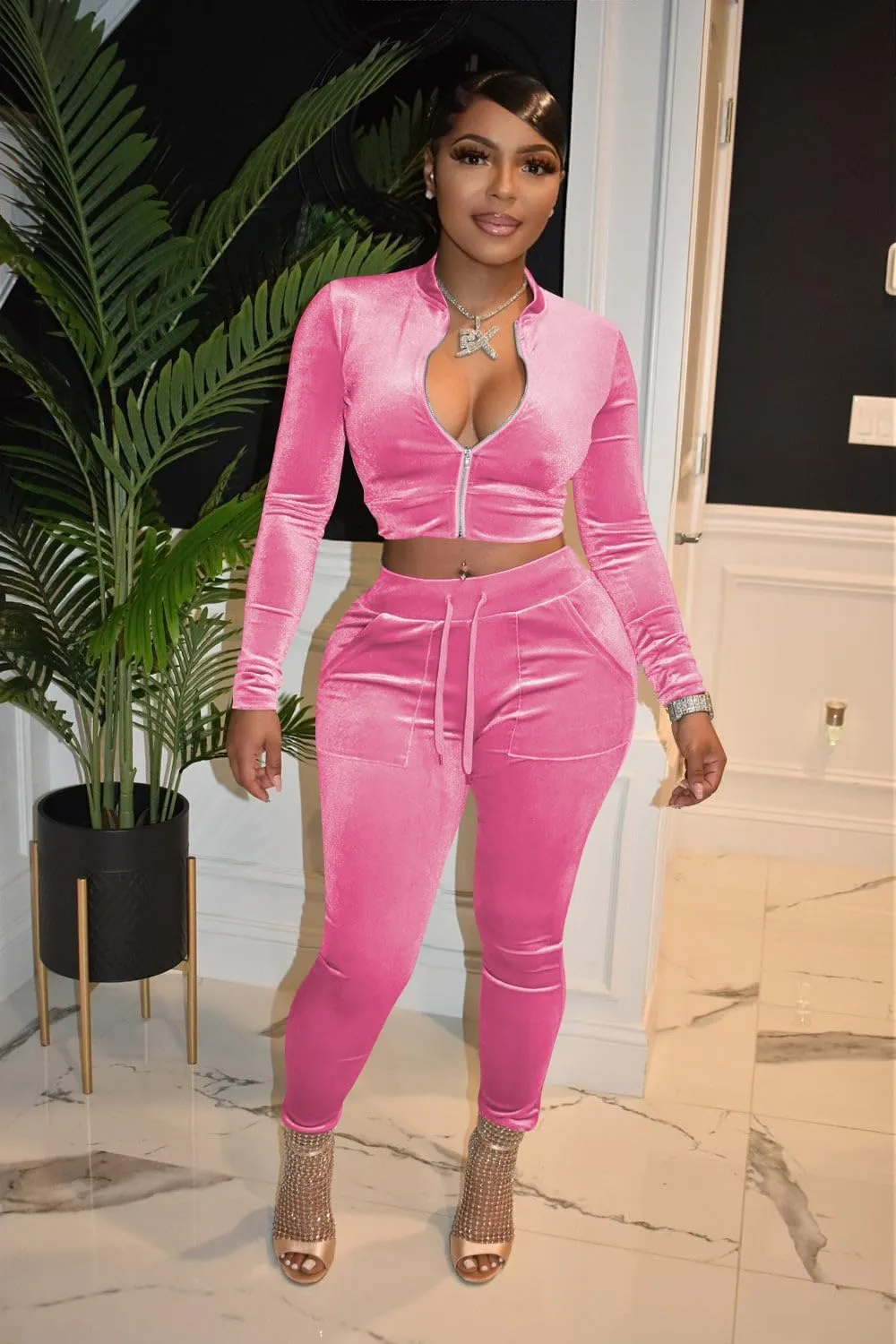 yidengymx Womens 2 Piece Velour Tracksuit Bodycon Zipper-Up Outfits for Women, Long Sleeve Crop Top Pants Jogging Sportswear